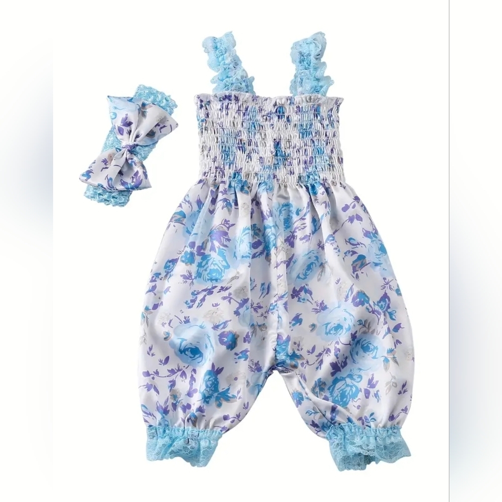 Blue & Purple Floral Baby Romper with Matching Headband